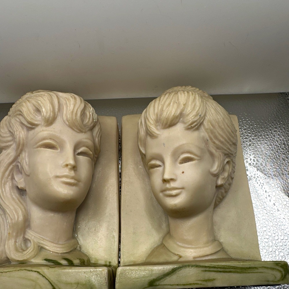 Athena Marble Marble People Bust Bookends Mid-Century Modern Beige/Green Vintage